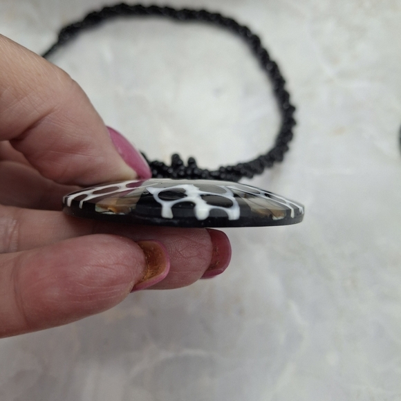 Abalone 2" Necklace Geometric Earrings B/W Round beaded Artisan Design - Picture 16 of 16